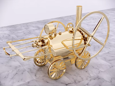 Golden Steam Locomotive Sculpture Displayed On Polished Marble Floor With Intricate Details 3d model