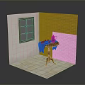 Modern Interior Scene With Red Brick Wall Window Small Table Kettle And Red Cloth