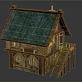 Cartoon Scene Of Small House With Green Tiled Roof Wooden Structure And Stairs