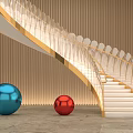 Modern Luxurious Spiral Staircase With Golden Handrail White Steps Blue Red Spheres And Wooden Background
