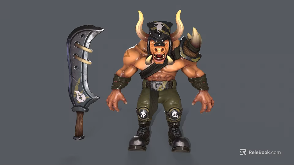 Muscular Minotaur Character With Horns Skull Symbol Large Sword Green Pants And Black Boots 3d model 