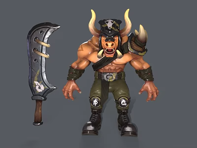 Muscular Minotaur Character With Horns Skull Symbol Large Sword Green Pants And Black Boots 3d model