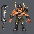 Muscular Minotaur Character With Horns Skull Symbol Large Sword Green Pants And Black Boots