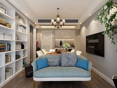 Modern Dining Living Room Interior With Blue Sofa Throw Pillows Bookshelves And TV 3d model