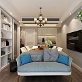 Modern Dining Living Room Interior With Blue Sofa Throw Pillows Bookshelves And TV