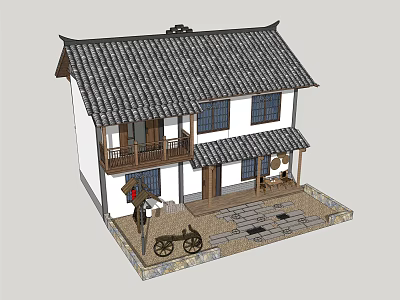Traditional Detached Villa With Tile Roof Two Story Design Wooden Balcony and Courtyard 3d model