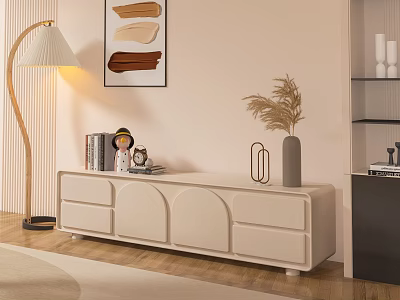 Modern Minimalist TV Stand Beige with Curved Drawers Floor Lamp Decorative Painting and Potted Plant 3d model