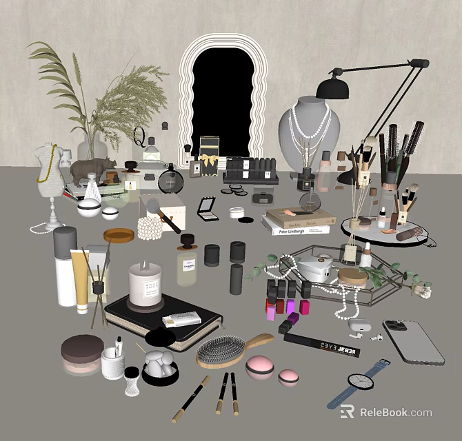 Elegant Perfume and Cosmetics Collection with Lipsticks Makeup Brushes and Decorative Tray 3d model 