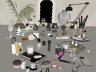 Elegant Perfume and Cosmetics Collection with Lipsticks Makeup Brushes and Decorative Tray 3d model