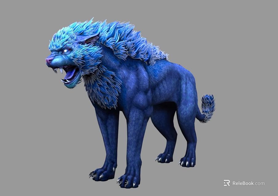 Fierce Blue Lion With Fluffy Mane Open Mouth And Detailed Fur 3d model 