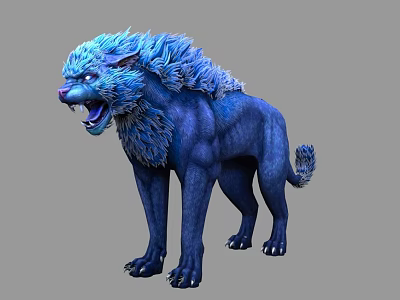 Fierce Blue Lion With Fluffy Mane Open Mouth And Detailed Fur 3d model