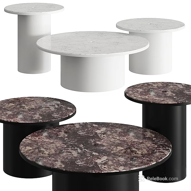 Modern Round Marble Coffee Tables With White And Black Cylindrical Bases 3d model 