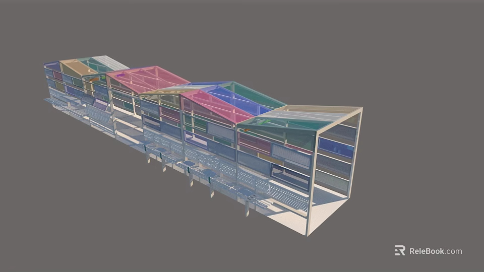 Colorful Modern Pergola Structure With Multi Colored Roofs And Seating Areas 3d model 