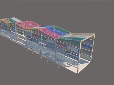 Colorful Modern Pergola Structure With Multi Colored Roofs And Seating Areas 3d model