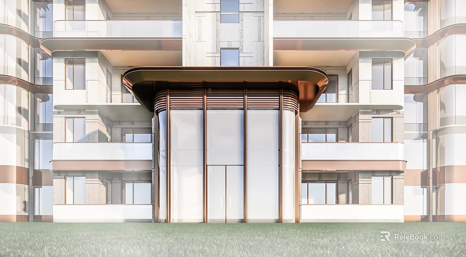 Modern Multi Story Building Storefront Entrance With Metal Frame Glass Doors Balcony Design 3d model 