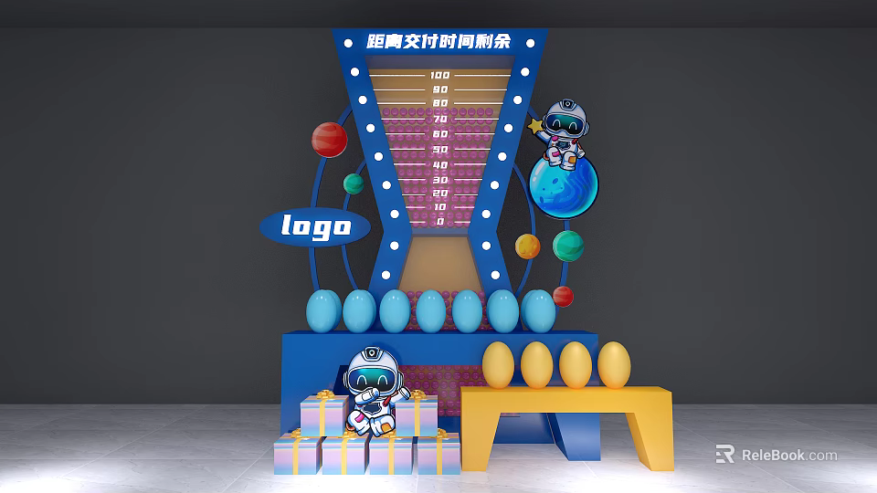 Delivery Time Remaining Display Stand With Countdown Bar Astronaut Globe Colorful Spheres And Gift Boxes 3d model 