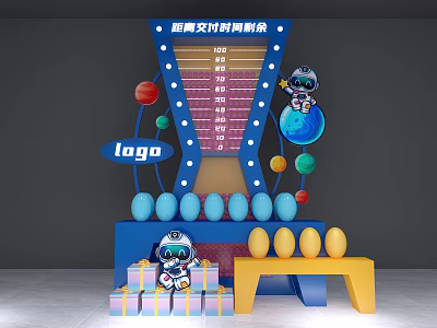 Delivery Time Remaining Display Stand With Countdown Bar Astronaut Globe Colorful Spheres And Gift Boxes 3d model
