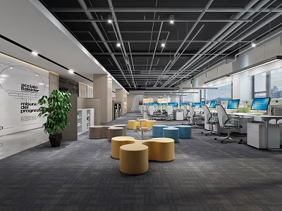 Modern Public Office Space Interior Design With Open Layout Green Plants And Round Stools 3d model