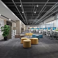Modern Public Office Space Interior Design With Open Layout Green Plants And Round Stools
