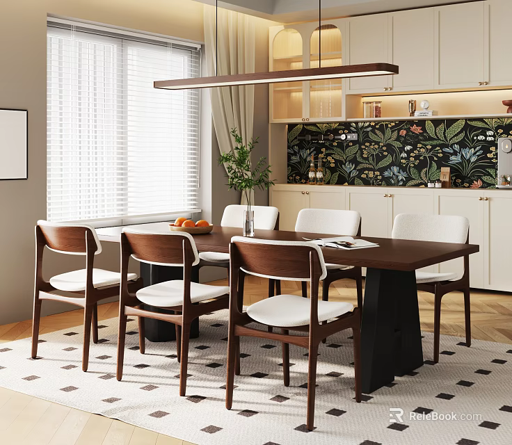 Modern Dining Room With Wooden Table White Brown Chairs Floral Wall Pendant Light And Blinds 3d model 
