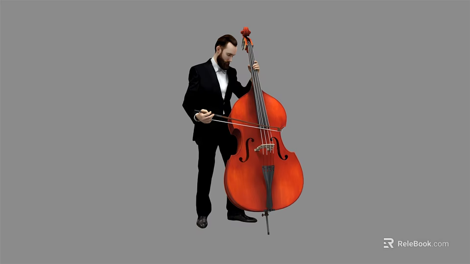 Professional Man In Black Suit Playing Large Orange Double Bass With Bow 3d model 