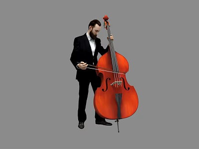 Professional Man In Black Suit Playing Large Orange Double Bass With Bow 3d model