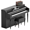 Black Upright Piano with Black Stool and Brown Speaker for Musical Instruments Art Supplies