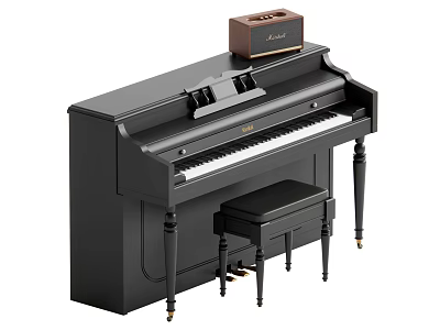 Black Upright Piano with Black Stool and Brown Speaker for Musical Instruments Art Supplies 3d model