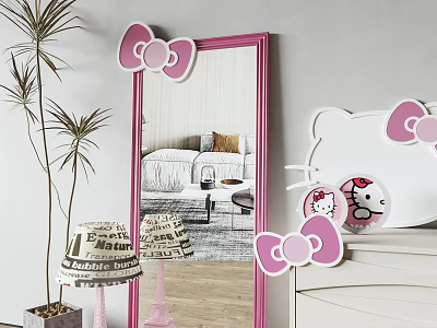 Hello Kitty Themed Decorative Mirror With Pink Bows And White Furniture In Room Interior 3d model
