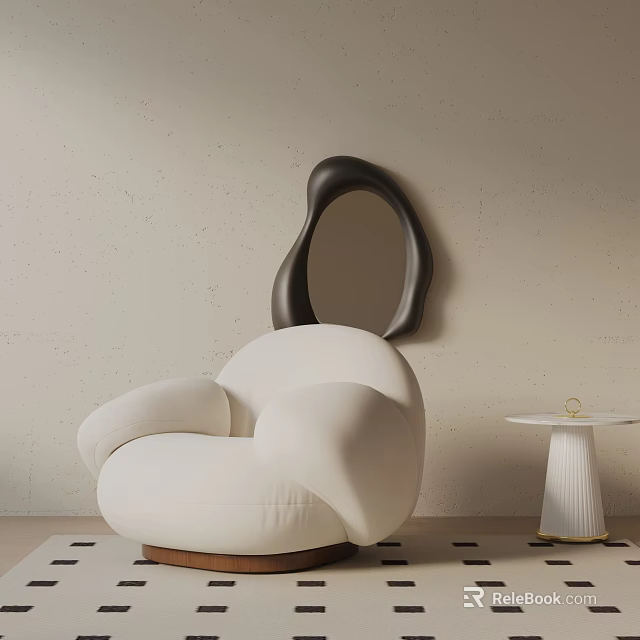 Modern White Leisure Chair With Black Decorative Mirror Side Table And Minimalist Wall 3d model 