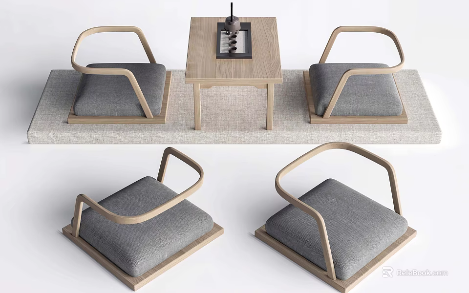 Modern Leisure Chairs With Wooden Frame And Gray Cushions Alongside Coffee Table On Rug 3d model 