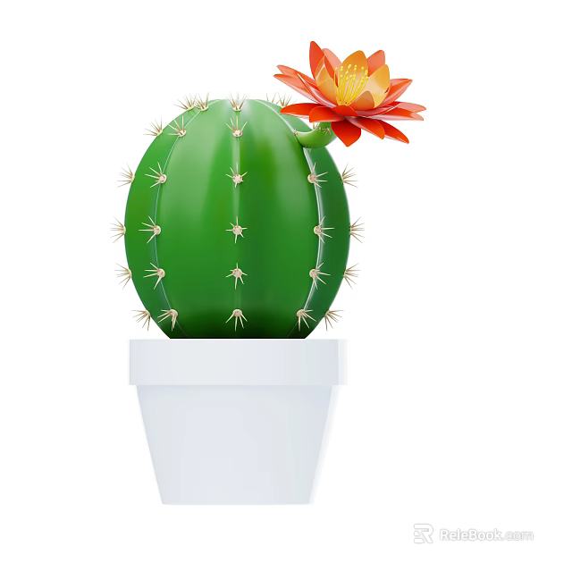Decorative Green Cactus With Yellow Spines And Orange Red Flower In White Pot 3d model 
