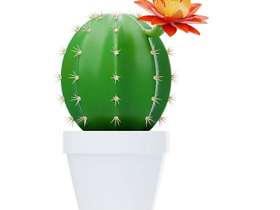 Decorative Green Cactus With Yellow Spines And Orange Red Flower In White Pot 3d model