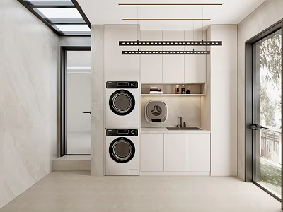 Modern Home Balcony Interior Design With Washing Machines Cabinets And Windows 3d model