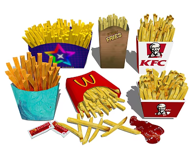 Assorted French Fries in Paper Boxes from McDonald's and KFC with Ketchup Packets 3d model