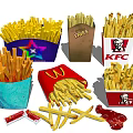 Assorted French Fries in Paper Boxes from McDonald's and KFC with Ketchup Packets