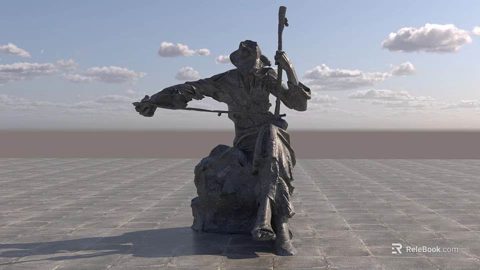 Seated Human Figure Landscape Sculpture Playing Stringed Instrument in Stone Square with Blue Sky 3d model 