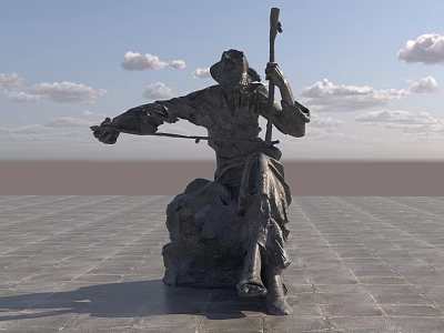 Seated Human Figure Landscape Sculpture Playing Stringed Instrument in Stone Square with Blue Sky 3d model