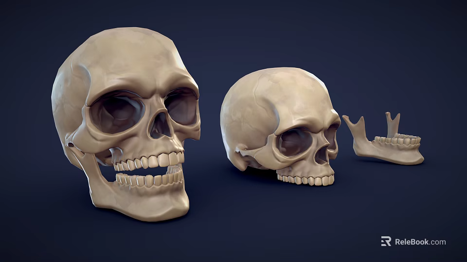 Anatomical Display Of Two Human Skulls With Mandible And Skeleton Parts 3d model 
