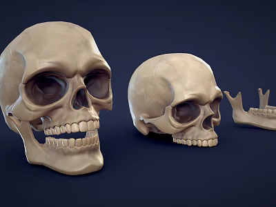 Anatomical Display Of Two Human Skulls With Mandible And Skeleton Parts 3d model