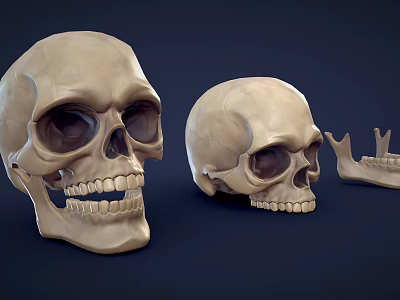 Anatomical Display Of Two Human Skulls With Mandible And Skeleton Parts 3d model