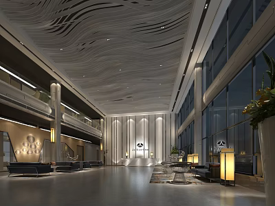 Modern Hotel Lobby Interior Design With Wavy Ceiling Large Windows And Comfortable Sofas 3d model