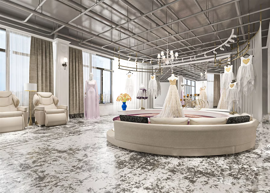 Elegant Bridal Shop Interior With Hanging Wedding Dresses Chandeliers Large Windows Sofa And Rug 3d model 