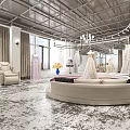 Elegant Bridal Shop Interior With Hanging Wedding Dresses Chandeliers Large Windows Sofa And Rug