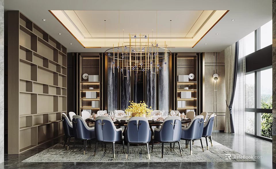 Luxurious Private Dining Room Interior With Round Table Blue Chairs Golden Chandelier And Yellow Flower Arrangement 3d model 