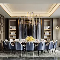 Luxurious Private Dining Room Interior With Round Table Blue Chairs Golden Chandelier And Yellow Flower Arrangement