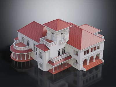 Cartoon Scene of White Building With Red Roof Balconies Arched Windows And Steps 3d model