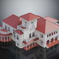 Cartoon Scene of White Building With Red Roof Balconies Arched Windows And Steps