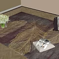 Square Rug On Wooden Floor Featuring Purple And Gold Feather Pattern White Flowers And Magazines