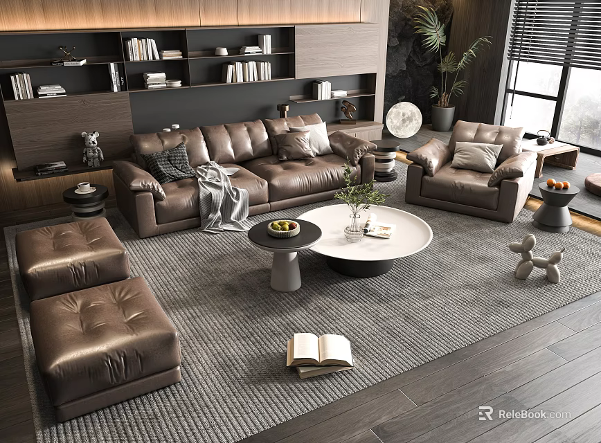 Modern Living Room Brown Leather Sofa Coffee Table Set Armchair And Bookshelf 3d model 
